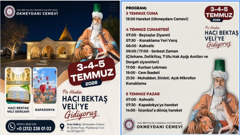 Okmeydanı Cemevi'nin 3-5 Temmuz 2026 tarihli Hacı Bektaş Veli ve Kapadokya gezisi duyurusu ve üç günlük etkinlik programı